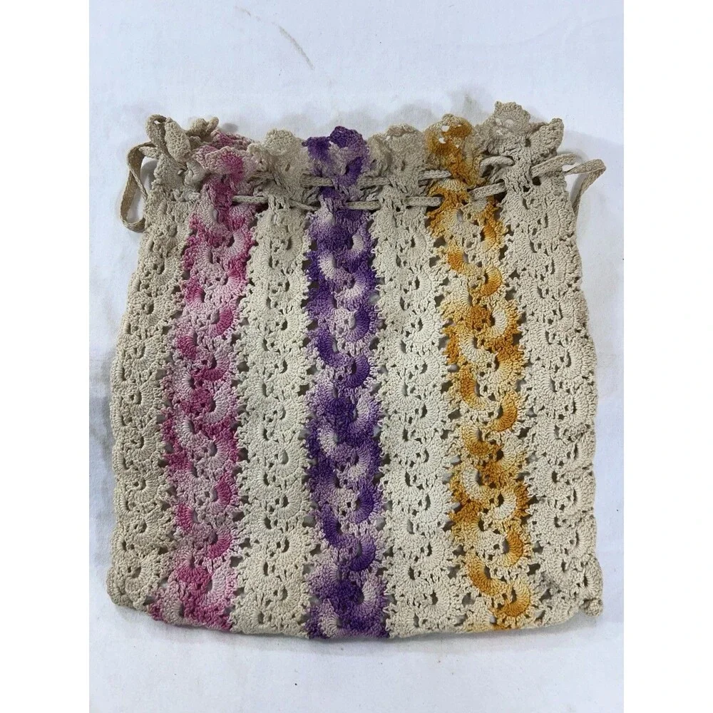 Vintage Ivory Crochet Drawstring Purse Bag Lined Yellow Pink Purple